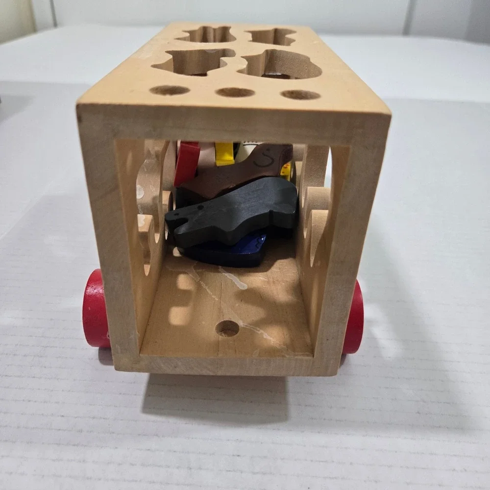 Vintage Wooden Noahs Ark Zoo Animal Shape Sorter Pull Truck Toy 12 Animals